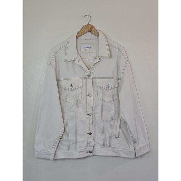 LOFT Cream Relaxed Oversize Button Down Jean Jacket Womens Size XL Pockets Denim - Picture 1 of 11